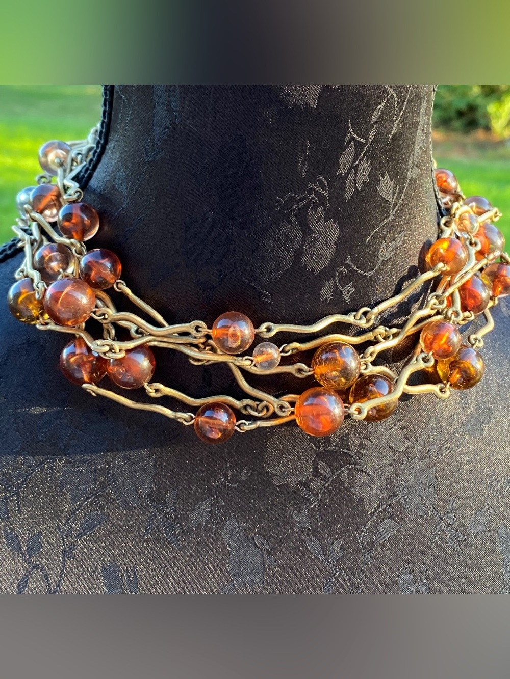 Vintage Biche de Bere Multi Strand Amber Glass Bead Wavy Chain Necklace Y2K